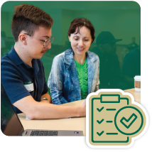 Student with parents looking at documents with a clipboard icon in bottom corner.