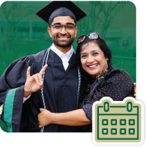 Mom hugging student at graduation with calendar icon in bottom corner