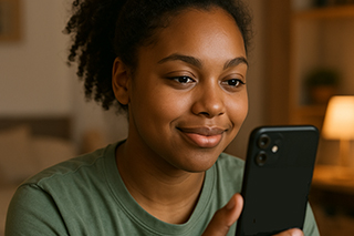 student smiling with mobile phone