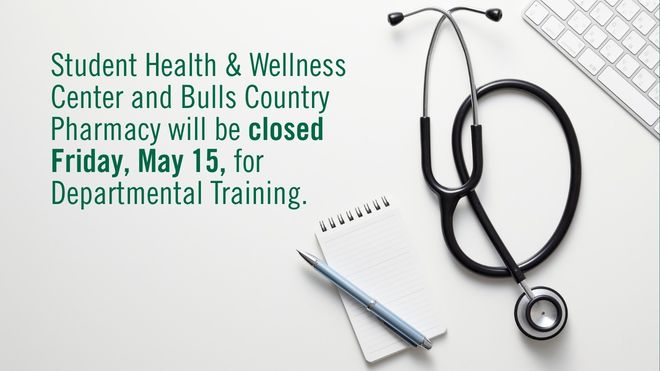 white background with notepad, stethoscope and keyboard with green text SHWC and BCP will be closed Friday, May 15, for Departmental Training
