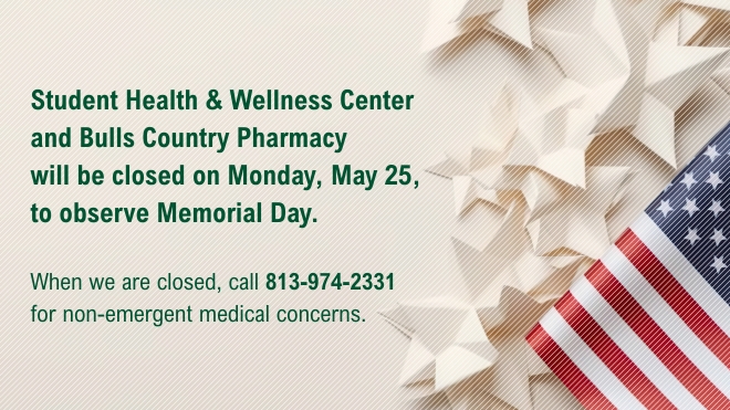 White background with flag, text annotating closure due to Memorial Day