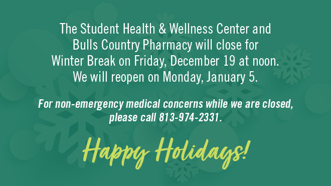 green background with white text winter break hours of operation and lime green happy holidays!