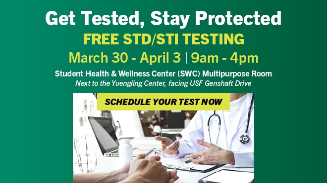 green background with Get Tested, Stay Protected text and FREE STD/STI Testing info March 30-April 3 9AM-4PM