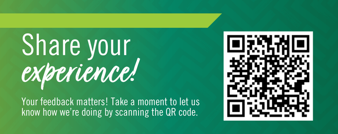 white text share your experience on green background with black and white QR code