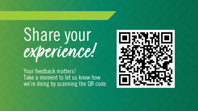 green background with white text share your experience and black and white QR code