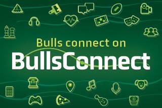 Bulls connect on BullsConnect text on dark green background with icons representing different types of activities happening on campus