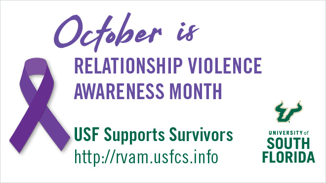 Relationship Violence Awareness Month with purple ribbon