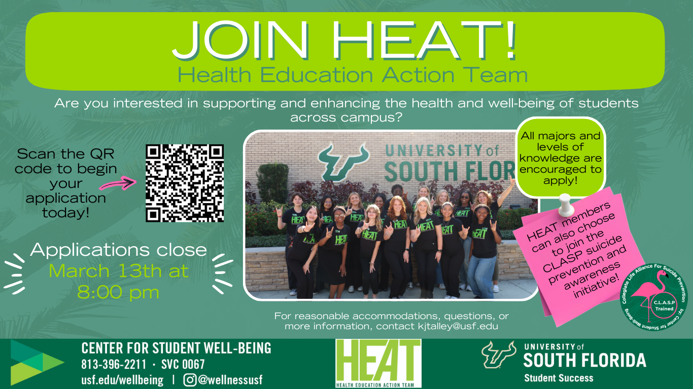Applications for HEAT (Health Education Action Team) are officially OPEN! If you’re passionate about well-being and making a positive impact on campus, this is your chance to get involved. Click the link here