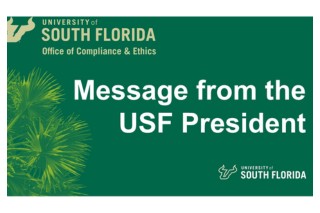 green background white words message from USF president
