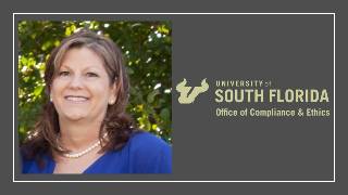 woman smiling in blue next USF Compliance and Ethics logo on a gray background