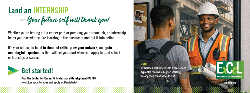 internship promotional graphic with a male student looking in the mirror and seeing himself in the future as an engineer "Land and internship-- your future self with thank you!