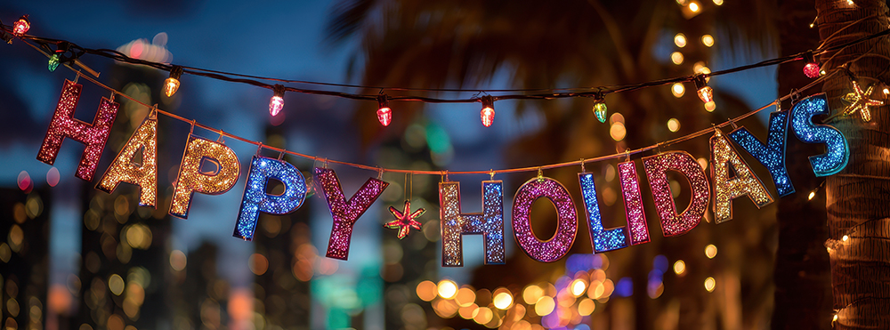 Happy Holidays sparkly multicolored banner with colored lights and palm trees in the background