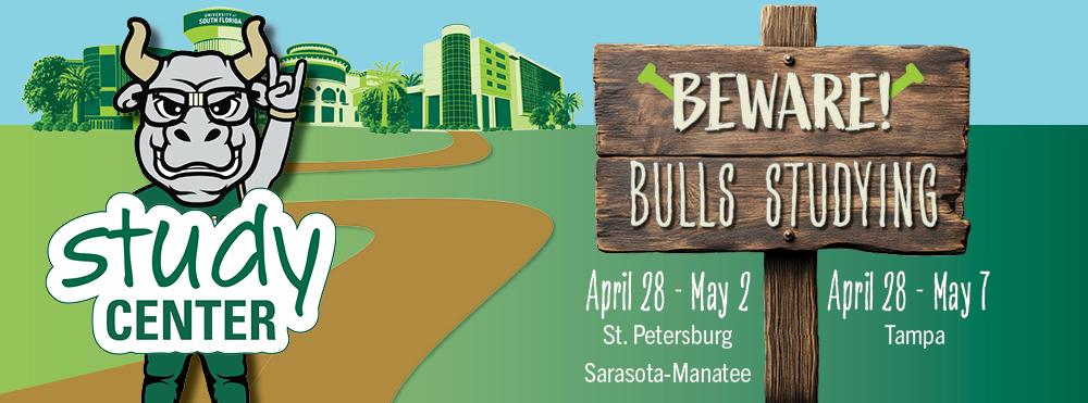 Rocky the Bull holding up a Study Center graphic standing next to a wooden sign showing the dates April 28-May 7 Tampa and April 28-May 2 St. Petersburg and Sarasota-Manatee Campus