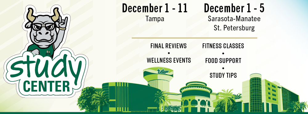 USF Homecoming Forever Green and Gold logo with palm trees; October 12-18, 2025 with url usf.edu/homecoming on a color washed background photo of the Bulls football field