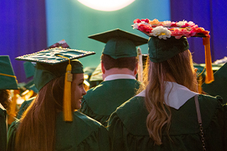 the backs of three students in regalia during commencement