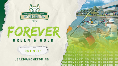 USF Celebrates Homecoming digital LCD screen with image of boatrace, homecoming graphic and forever green and gold text