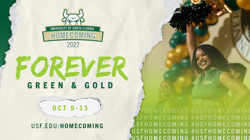 USF Celebrates Homecoming digital LCD screen with image of cheerleader, homecoming graphic and forever green and gold text