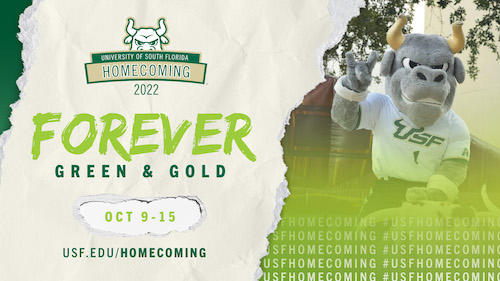 USF Celebrates Homecoming digital LCD screen with image of Rocky the USF mascot, homecoming graphic and forever green and gold text