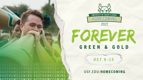 USF Celebrates Homecoming digital LCD screen with image of person cheering, homecoming graphic and forever green and gold text