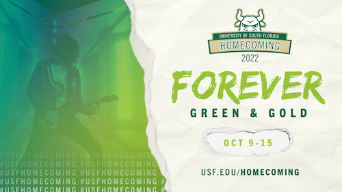 USF Celebrates Homecoming digital LCD screen with image of person playing guitar, homecoming graphic and forever green and gold text