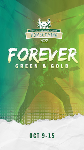 USF homecoming Social Media Post image with concert background and forever green and gold text