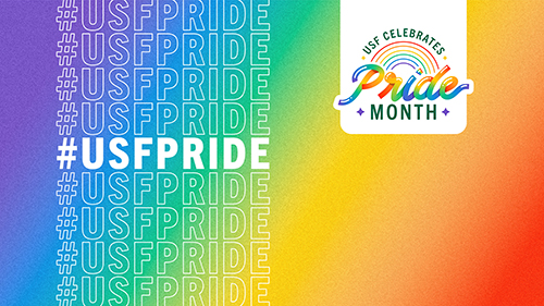 USF Celebrates Pride Month Rainbow Teams Background 2 with "#USFPRIDE" text