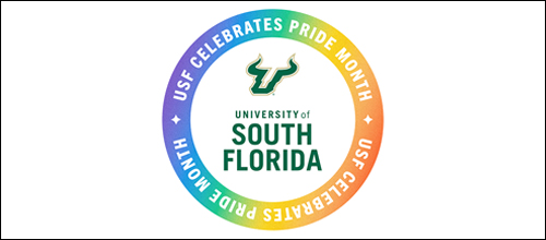 USF Celebrates Pride Month social avatar with USF wordbark and Bull U icon in center.