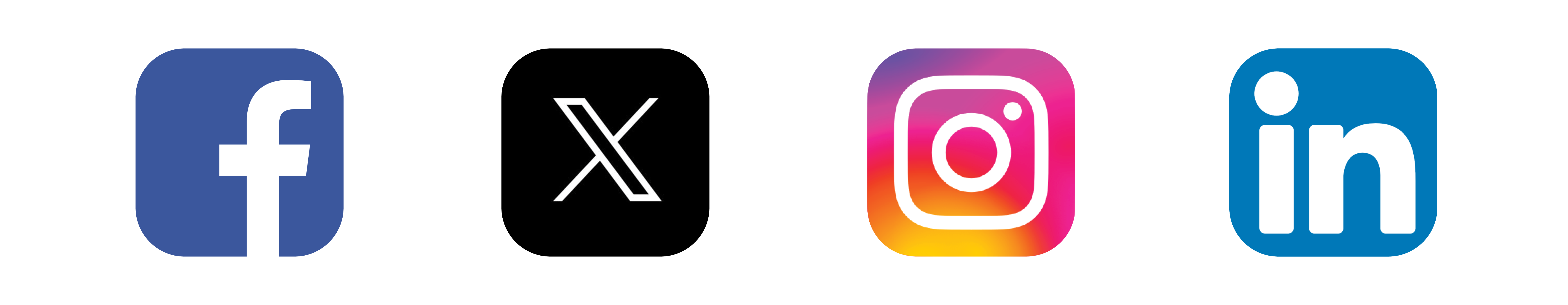 In order from left to right: Facebook, X, Instagram, and LinkedIn logos