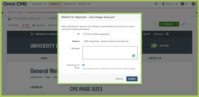 Screenshot of the popup provided by the Omni CMS when a user submits content for approval.