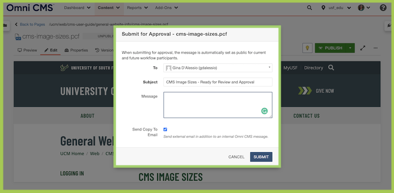 Screenshot of the popup provided by the Modern Campus CMS when a user submits content for approval.