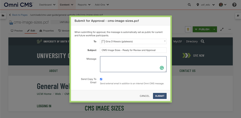 Screenshot of the popup provided by the Omni CMS when a user submits content for approval.