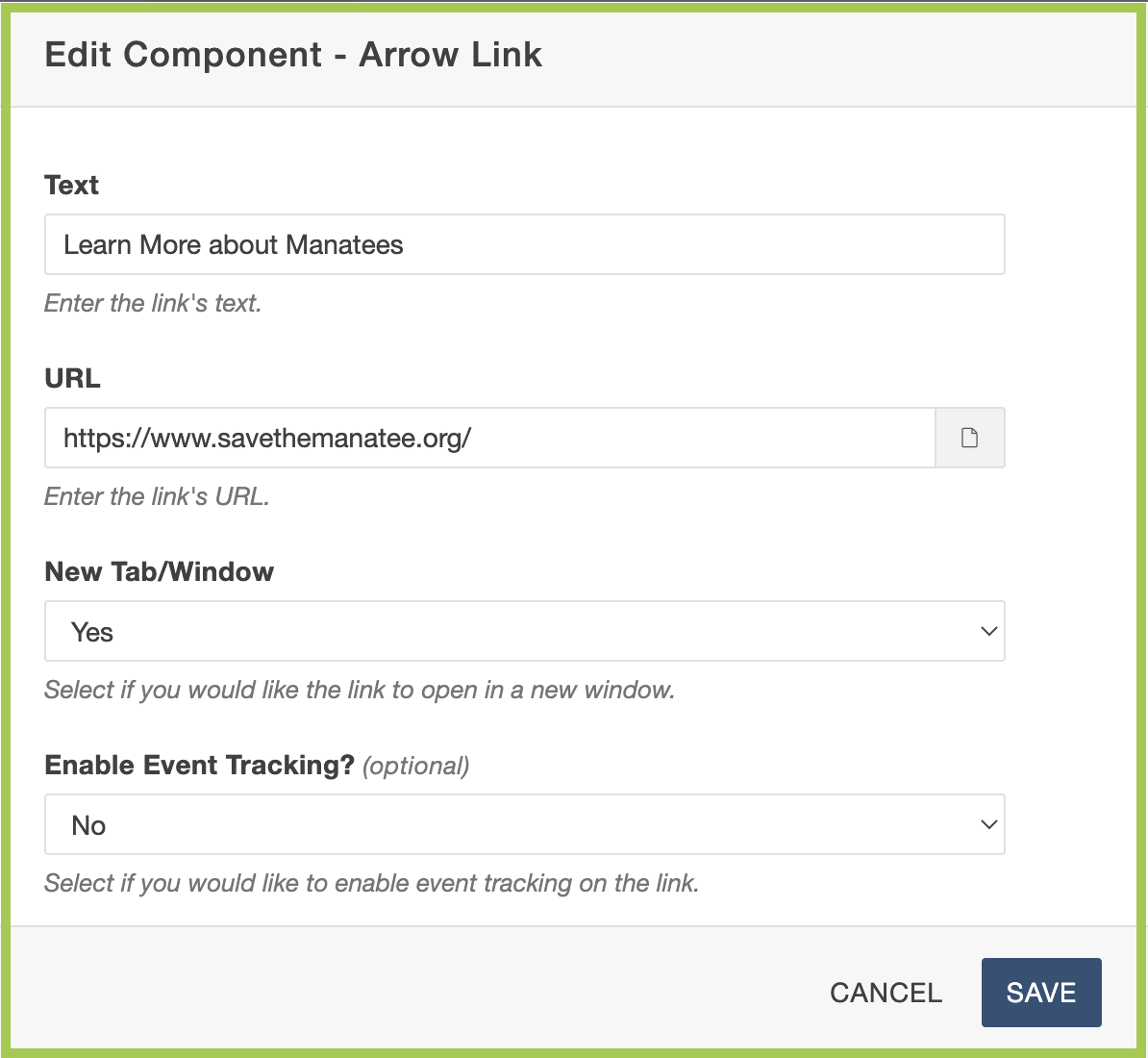 Screenshot of adding in Arrow Link information fields.
