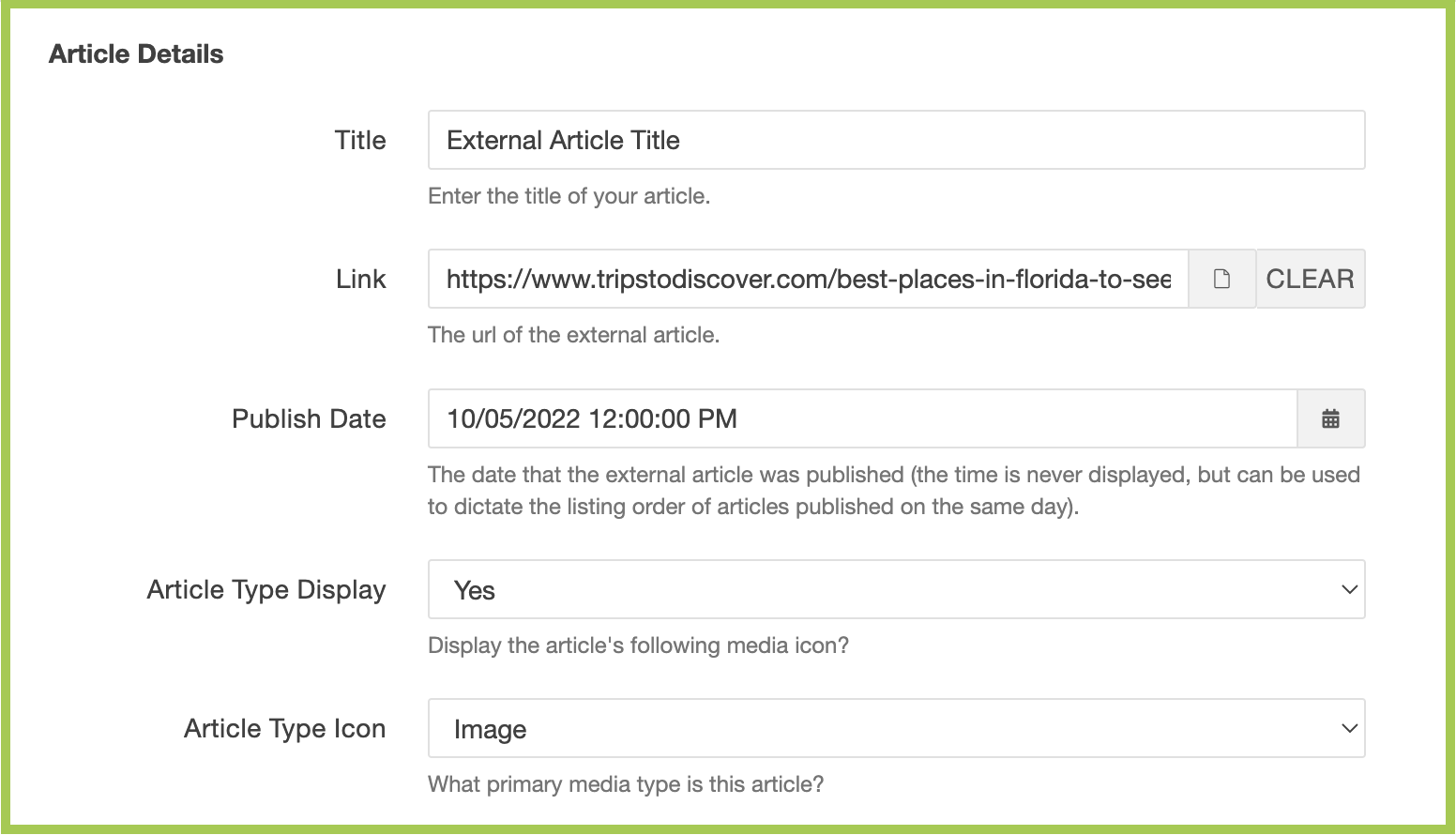 Screenshot of article details in external article MultiEdit