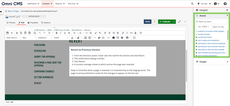 Screenshot of the asset gadget in the Modern Campus CMS.