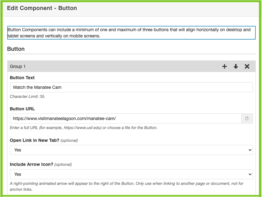 Screenshot of Button Component modal window