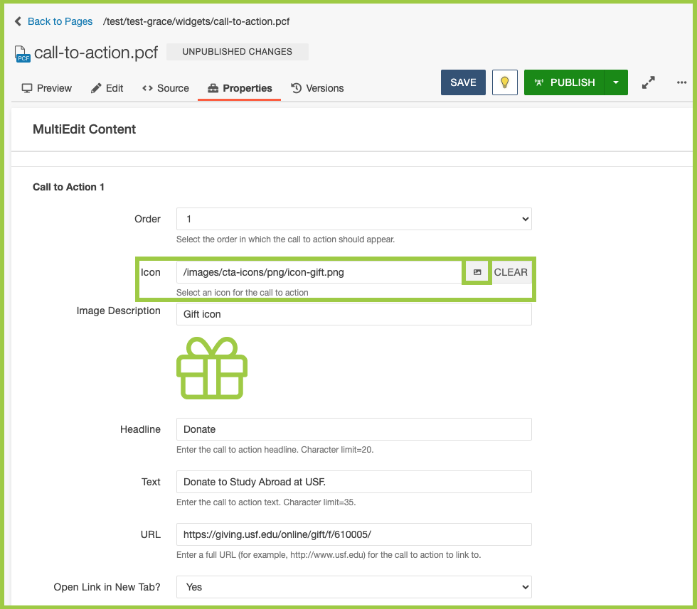 Dependency Manager to choose Call to Action Icon