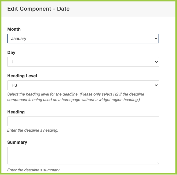 Screenshot of the first section of fields in a Date component