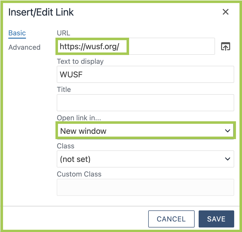 Screenshot of adding an external link