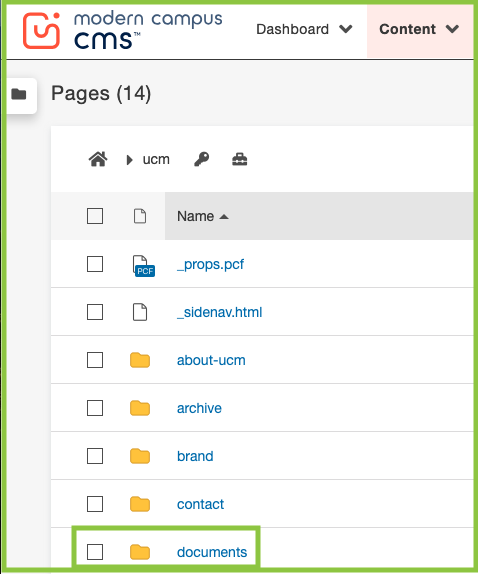Screenshot of the location of a documents folder within the Omni CMS.