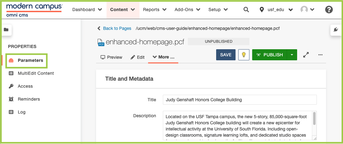 Screenshot showing the Modern Campus CMS parameters section. 