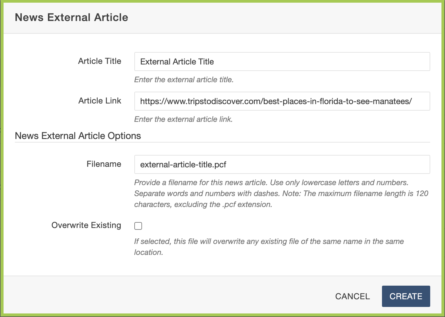Screenshot of creating an external news article