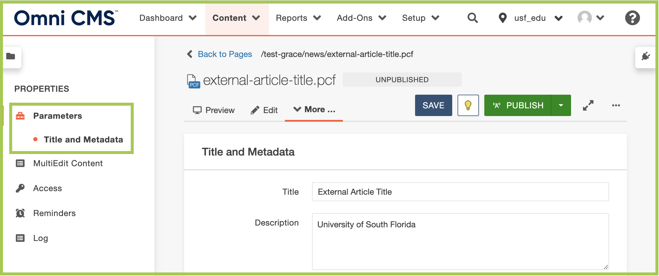 Screenshot of Parameters section of external article