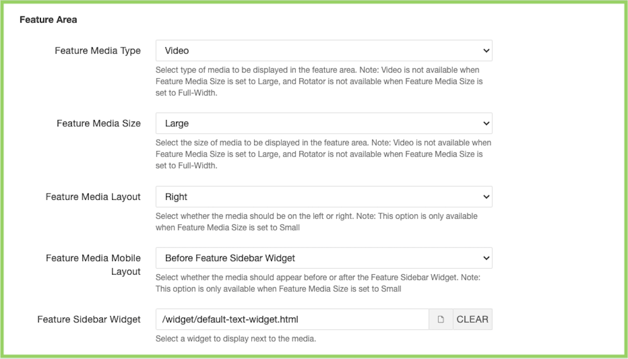 Screenshot showing the Feature Area section of an index file.