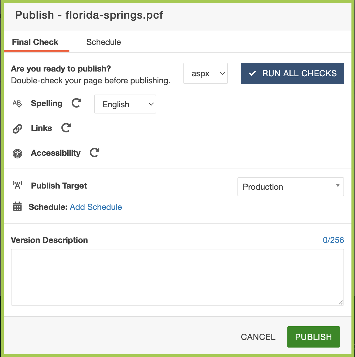 Final Check" to "Screenshot of the Final Check window in the Modern Campus CMS.