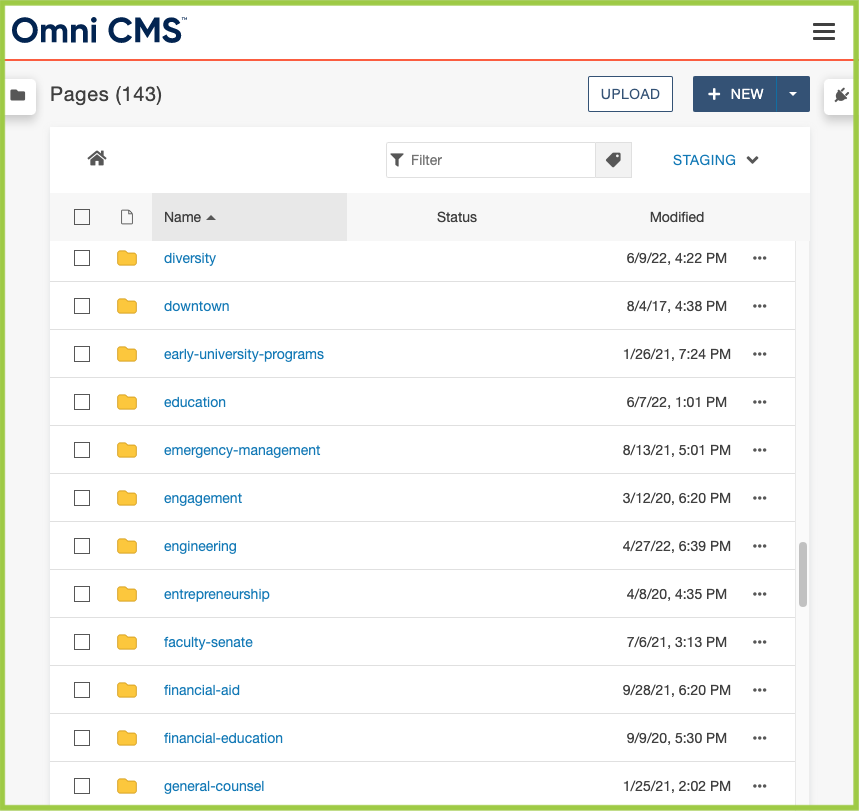 Screenshot of Pages overview on the CMS