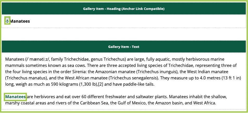 Editing view of Gallery Item - Heading (Anchor Link Compatible) Snippet.