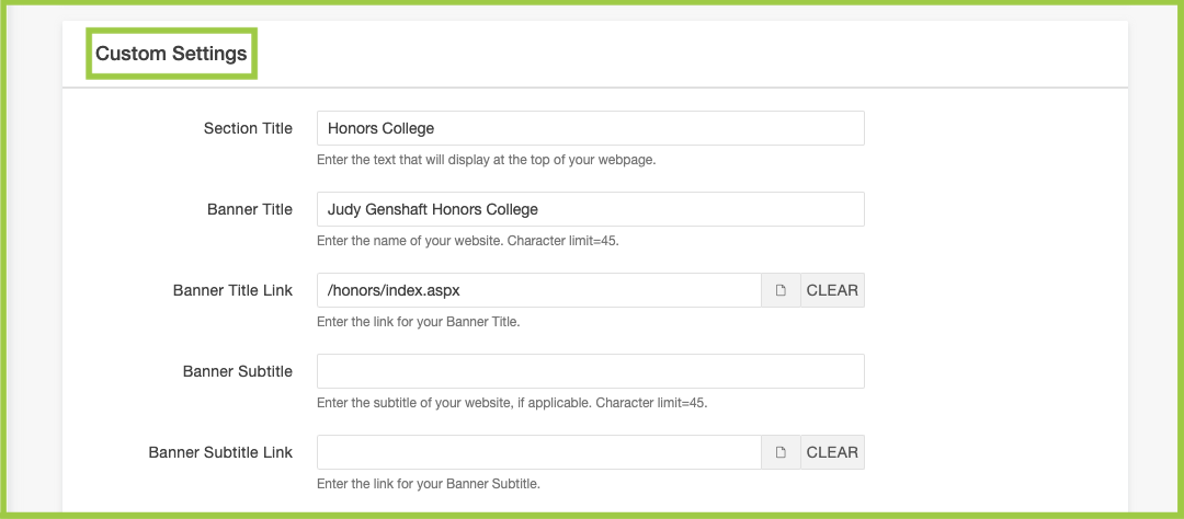 Screenshot of Custom Settings in the props file of a homepage