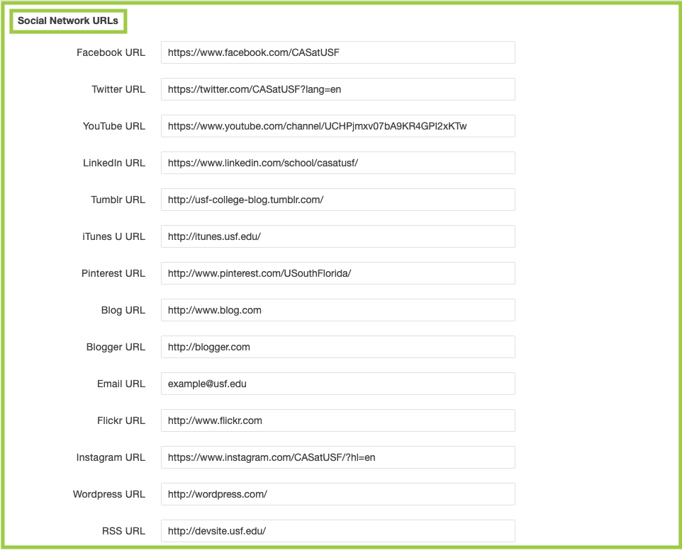 Screenshot of Social Network URLs in the props file of a homepage