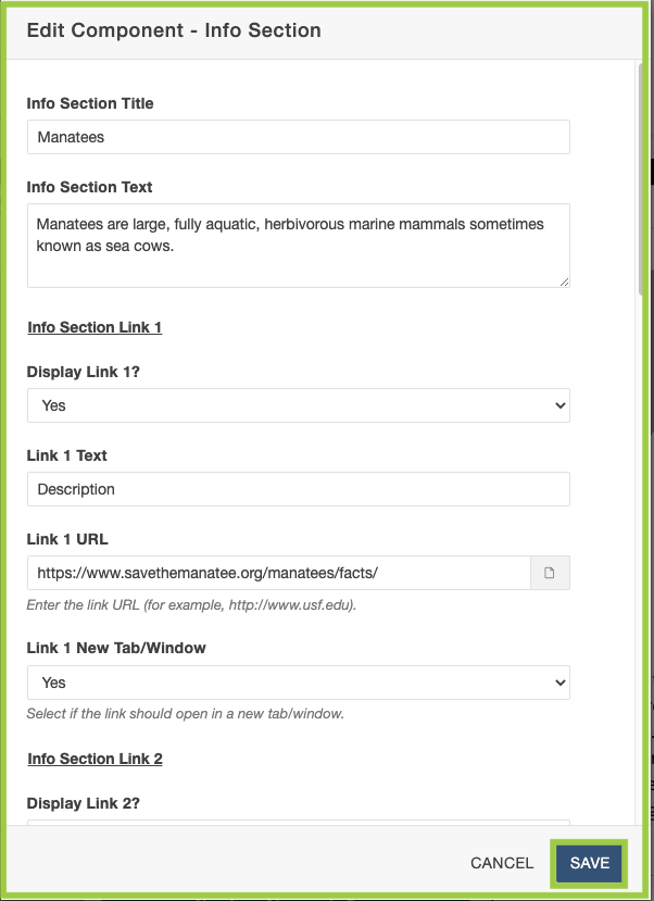 Screenshot of adding in Info Section information fields.