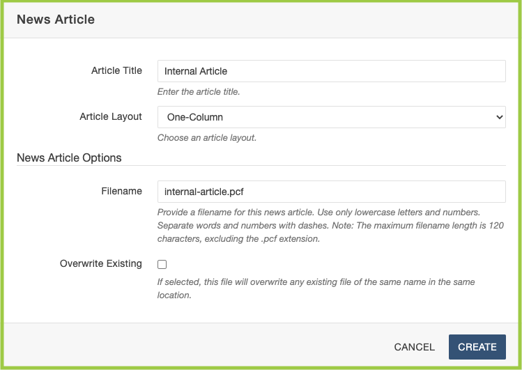 Image of the internal article pop up screen. The image displays the fields required to create the new internal article. Fields included are Article Title, Article Layout, Filename and Overwrite Existing. 